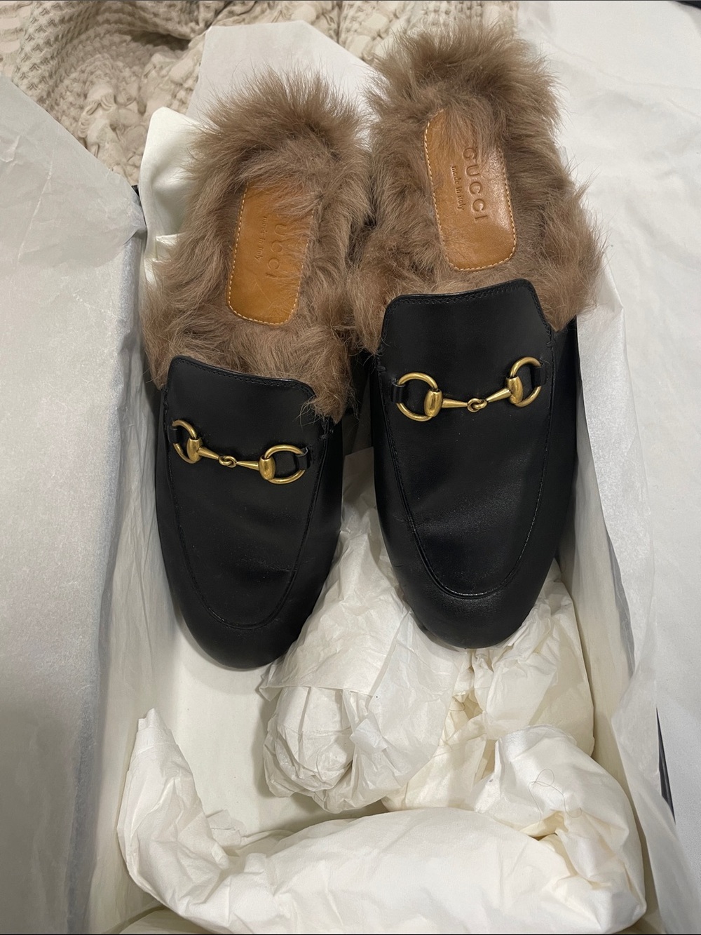Gucci Black Leather Fur-Lined Horsebit Backless Mules